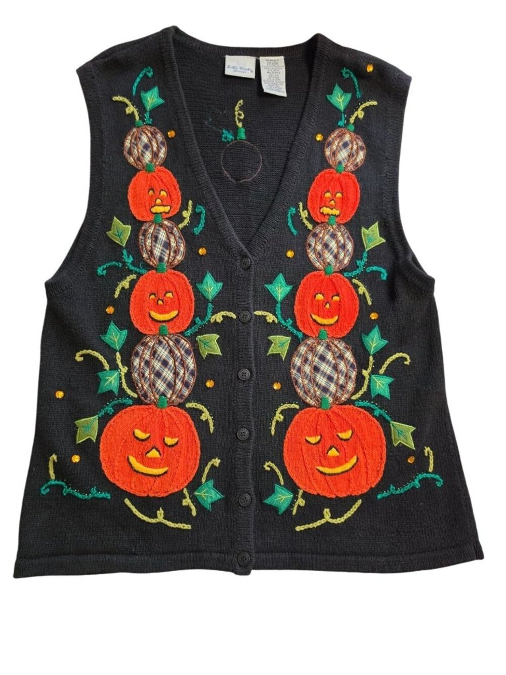 Vtg 90s Bobbie Brooks Halloween Pumpkin Sweater Vest Plus 14W 16W Beaded GUC